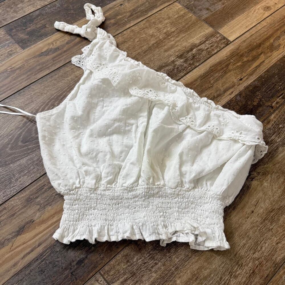 VINTAGE HAVANA One Shoulder Eyelet Vacation Small Women's White Crop Top Blouse